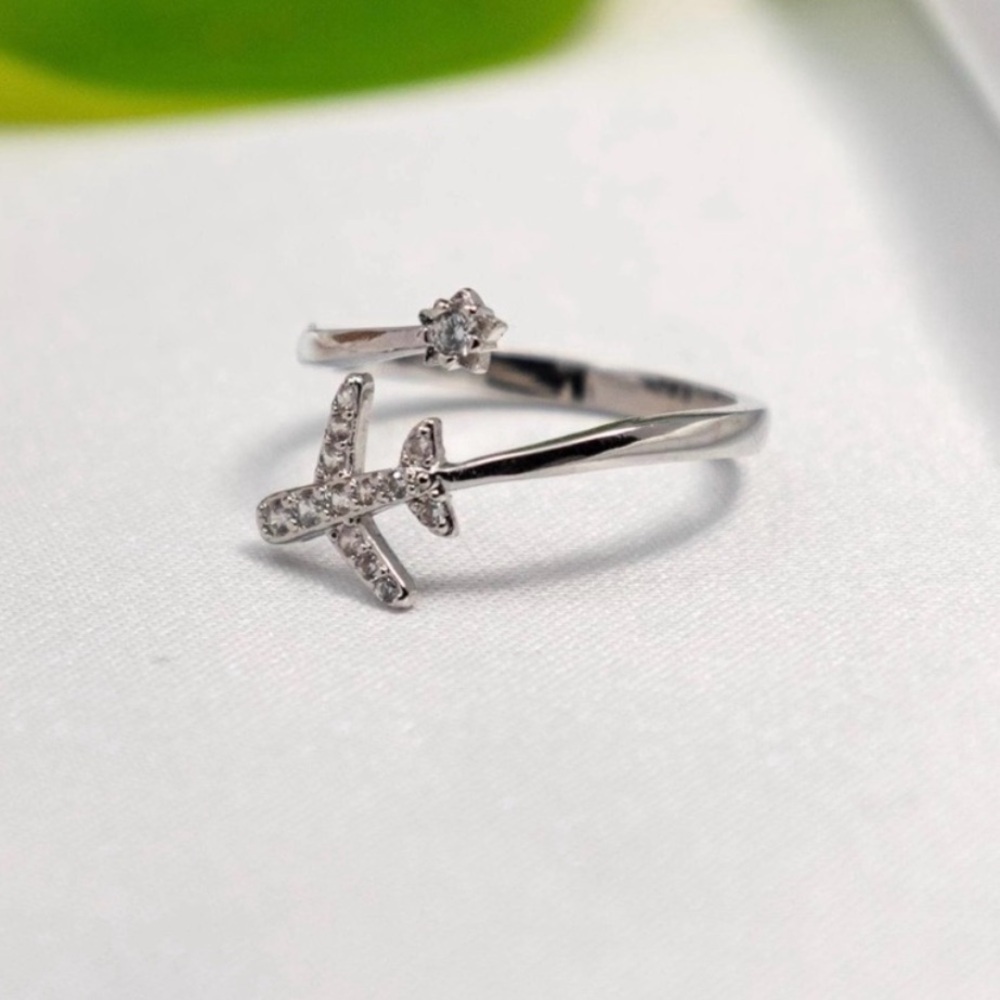 Elegant Silver Airplane CZ Adjustable Ring